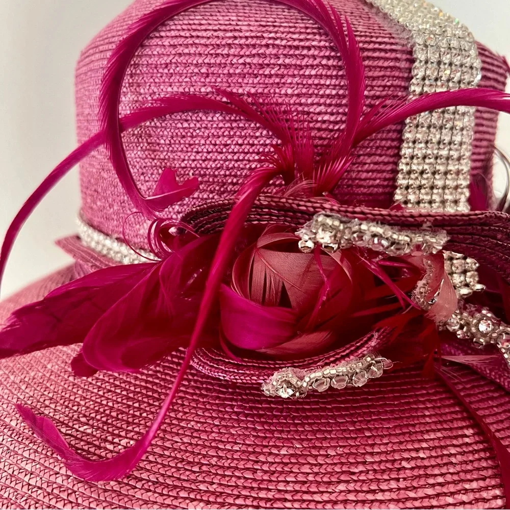 NWT CORTI Italy‎ Wide Brim Rhinestone Feather Church Wedding Formal Hat Pink Vtg